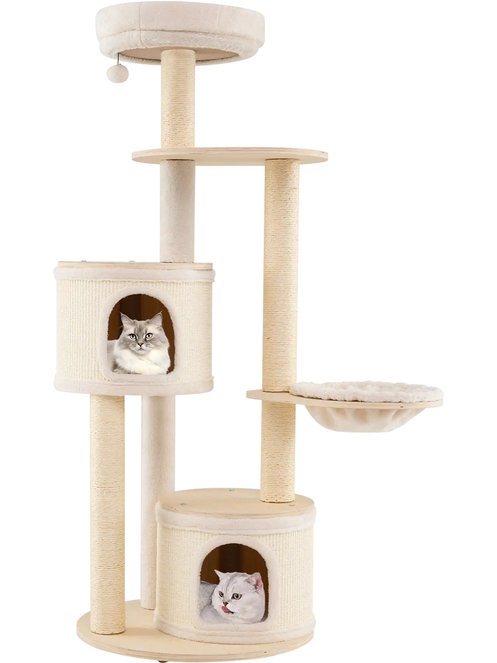 Wooden kitten tower with sisal scratching posts, two condos, and a plush top perch for playful and cozy cat lounging.