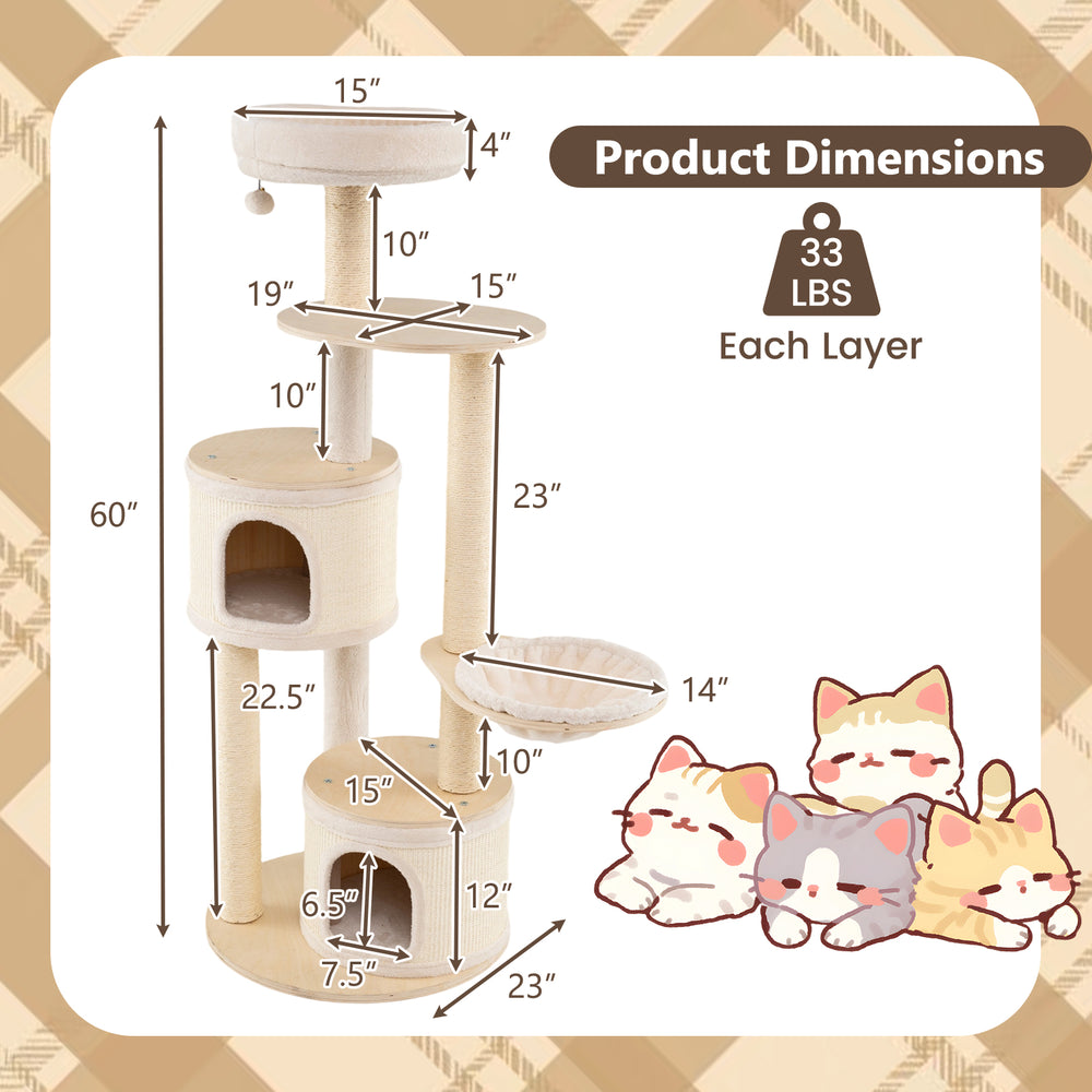 Wooden kitten tower with sisal scratching posts, two condos, and a padded top perch for playful and cozy lounging.