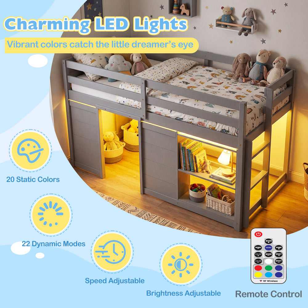 Wooden low kids loft bed in gray with LED lights, featuring spacious under-bed storage and a 2-step climbing ladder.
