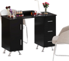 Black wooden manicure table showcasing a sleek design with metal legs, perfect for stylish nail salons or home use.