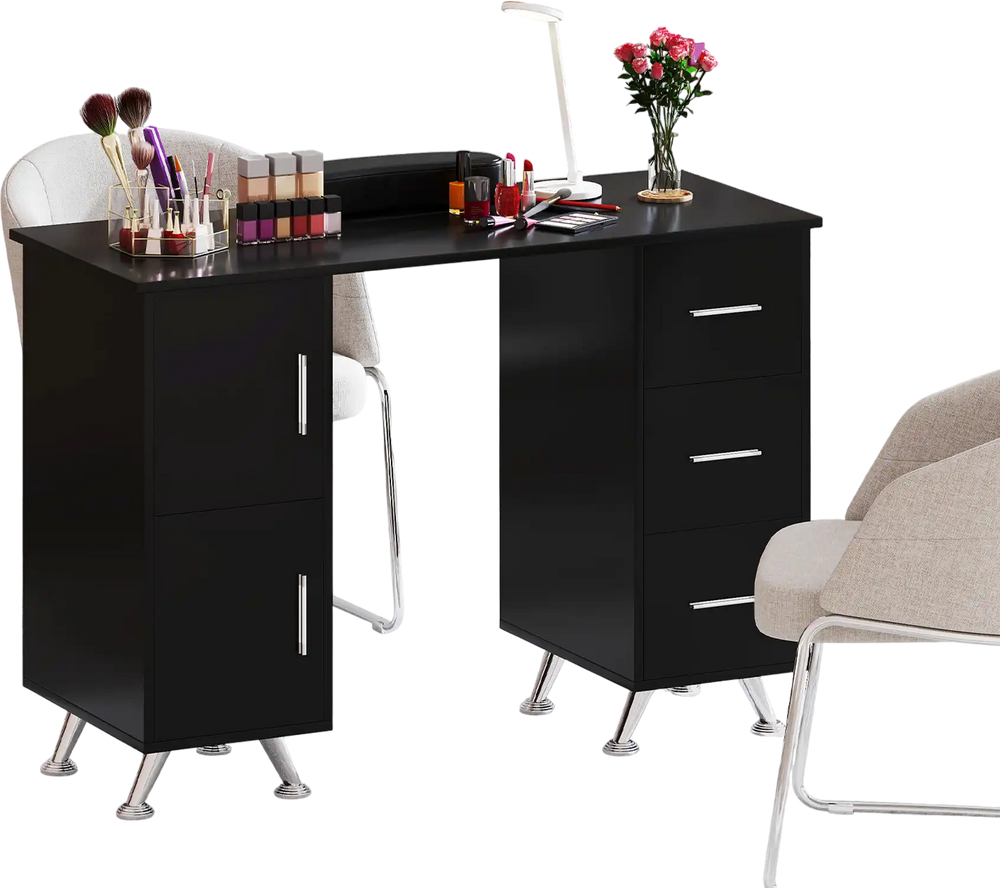 Black wooden manicure table showcasing a sleek design with metal legs, perfect for stylish nail salons or home use.