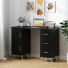 Black wooden manicure table with two cabinets, three drawers, and a comfortable wrist rest for nail care.
