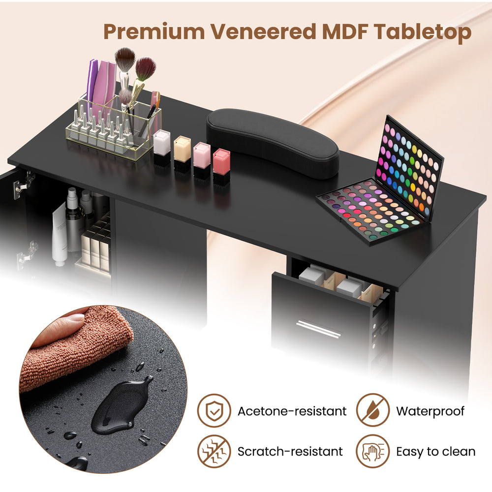 Black wooden manicure table with drawers, featuring an acetone-resistant MDF tabletop and a comfortable wrist rest.