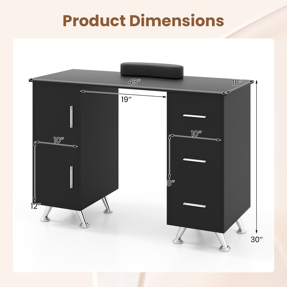 Black wooden manicure table with dimensions, featuring 2 cabinets, 3 drawers, and a comfortable wrist rest for nail.