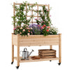Wooden mobile raised garden bed with trellis, natural fir, on wheels for easy mobility and enhanced growing space.