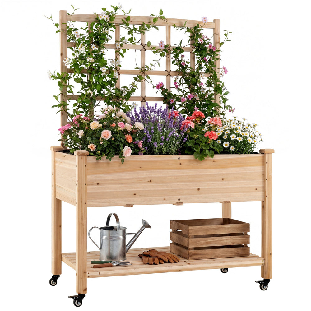 Wooden mobile raised garden bed with trellis, natural fir, on wheels for easy mobility and enhanced growing space.