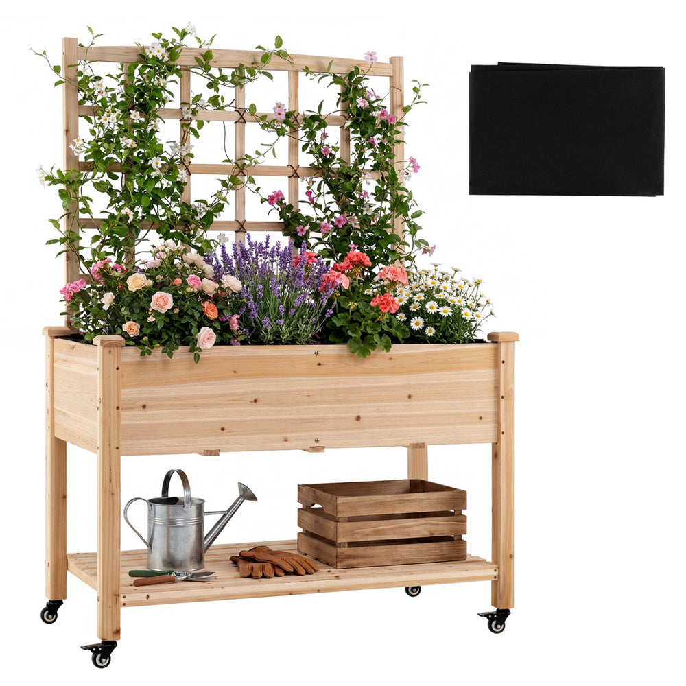 Wooden mobile raised garden bed with trellis, natural fir construction, and wheels for easy mobility, ideal for outdoor.