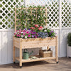 Wooden mobile raised garden bed with trellis, featuring vibrant flowers, wheels for mobility, and a natural fir finish.
