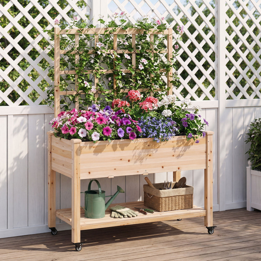 Wooden mobile raised garden bed with trellis, featuring vibrant flowers, wheels for mobility, and a natural fir finish.