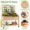 Wooden mobile raised garden bed with trellis, natural fir construction, and wheels for easy mobility in outdoor spaces.