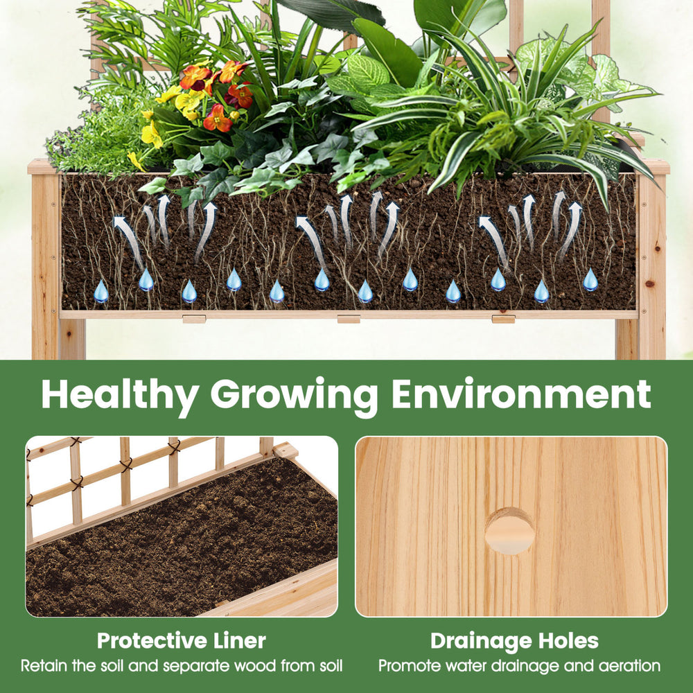 Wooden mobile raised garden bed with trellis, featuring drainage holes and protective liner for healthy plant growth.