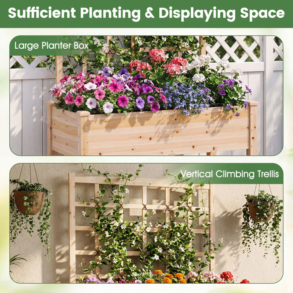 Wooden mobile raised garden bed with trellis, featuring a large planter box and vibrant flowers, ideal for outdoor.