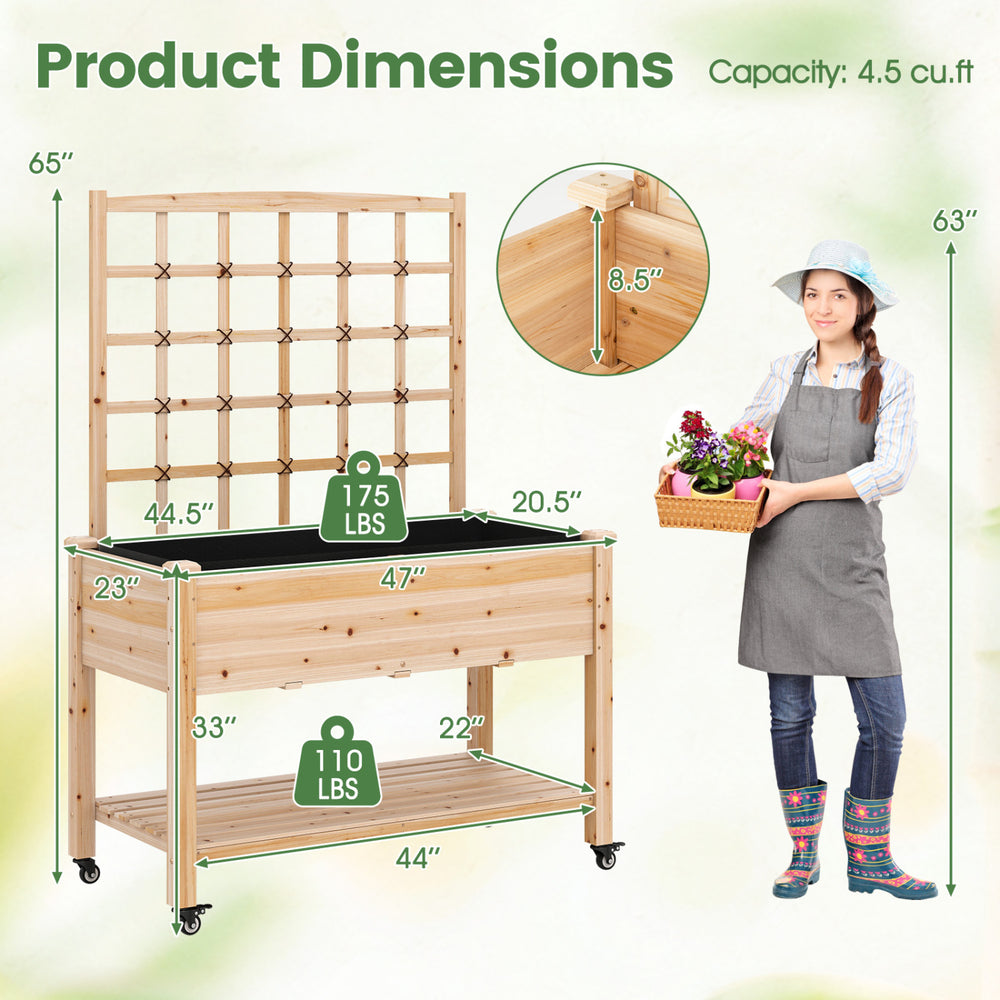Wooden mobile raised garden bed with trellis, natural fir, 4 swivel wheels for easy mobility, ideal for outdoor.