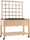 Wooden mobile raised garden bed with trellis, natural fir construction, 33" height, and 4 swivel wheels for easy.