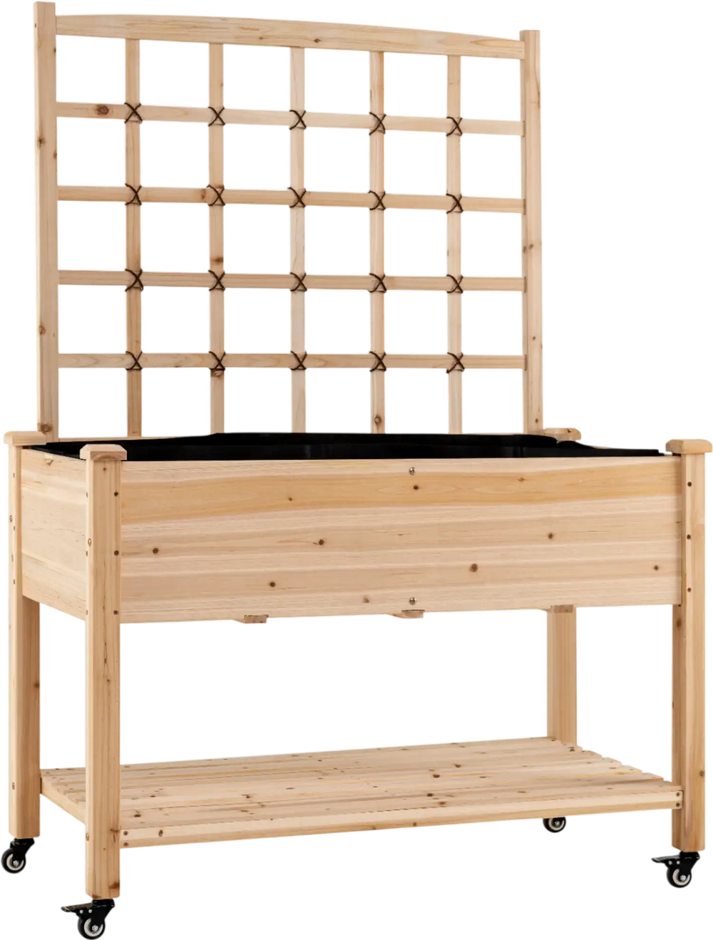 Wooden mobile raised garden bed with trellis, natural fir construction, 33" height, and 4 swivel wheels for easy.