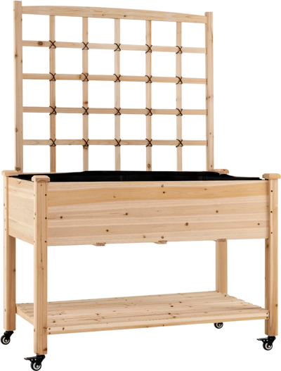 Costway Wooden Mobile Raised Garden Bed with Trellis on Wheels 63926464 New