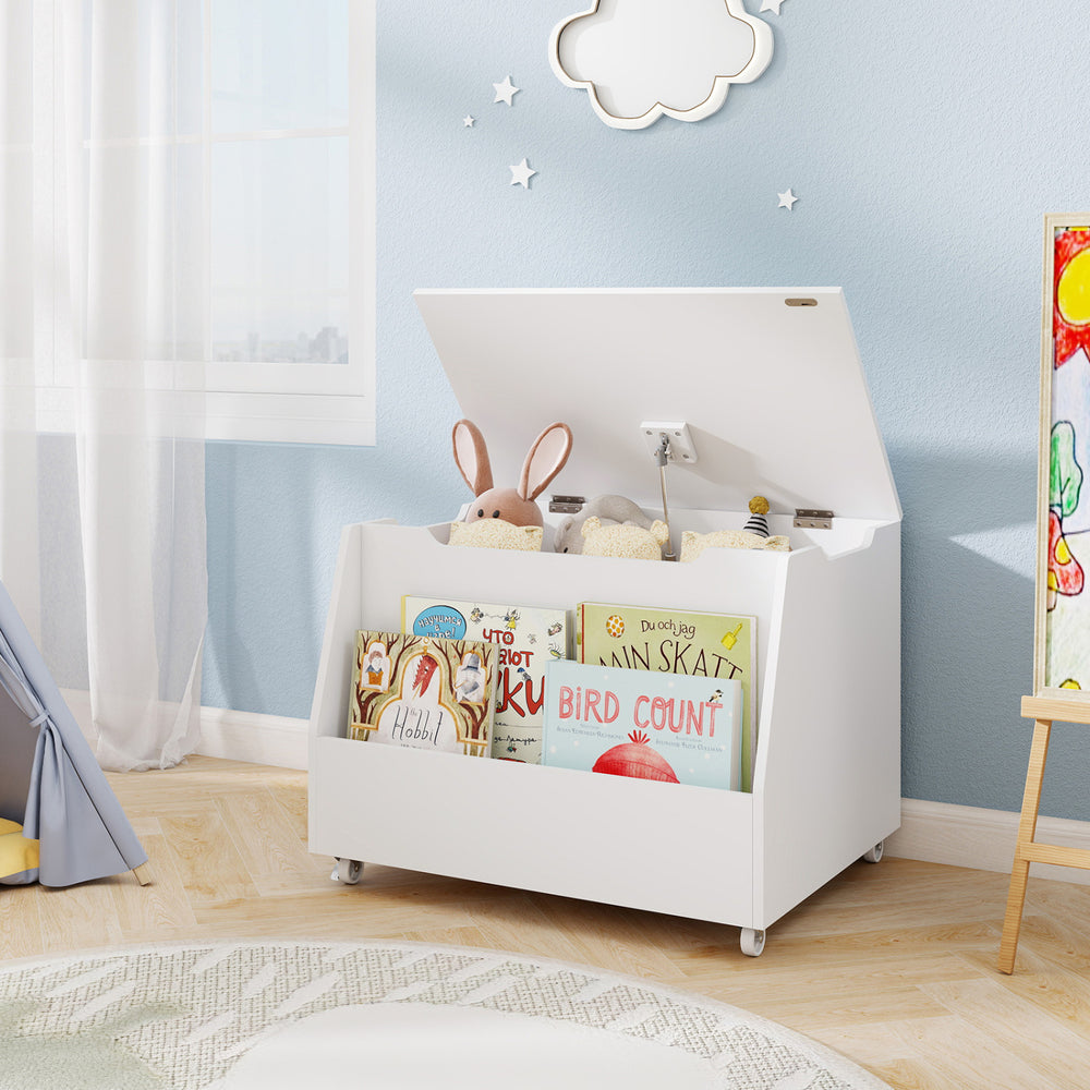 Wooden Mobile Toy Storage Organizer with Bookshelf and Lockable Wheels-White - Gallery View 1 of 10