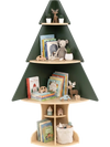 Wooden Montessori corner tree bookshelf in green with rounded edges and anti-scratch foot pads for children's safe storage.