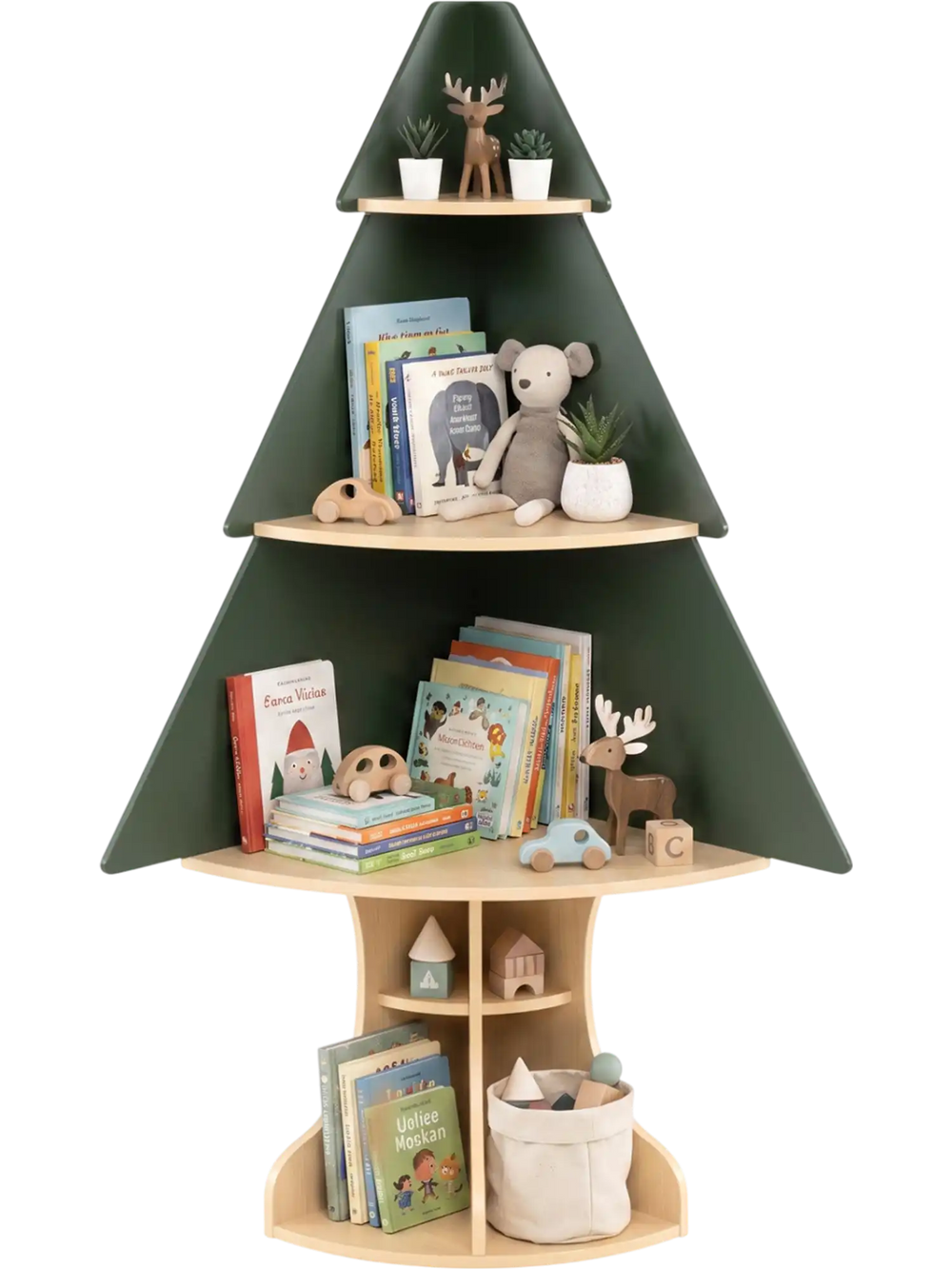 Wooden Montessori corner tree bookshelf in green with rounded edges and anti-scratch foot pads for children's safe storage.