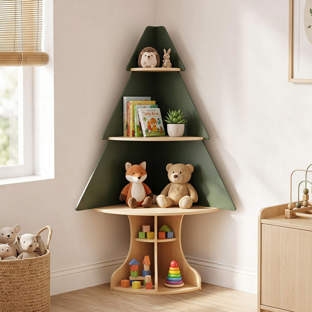 Wooden Montessori corner tree bookshelf in green with a smooth surface, perfect for easy cleaning and kids' toy organization.