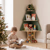 Wooden Montessori corner tree bookshelf in green with toy storage, designed for kids to organize books and toys easily.