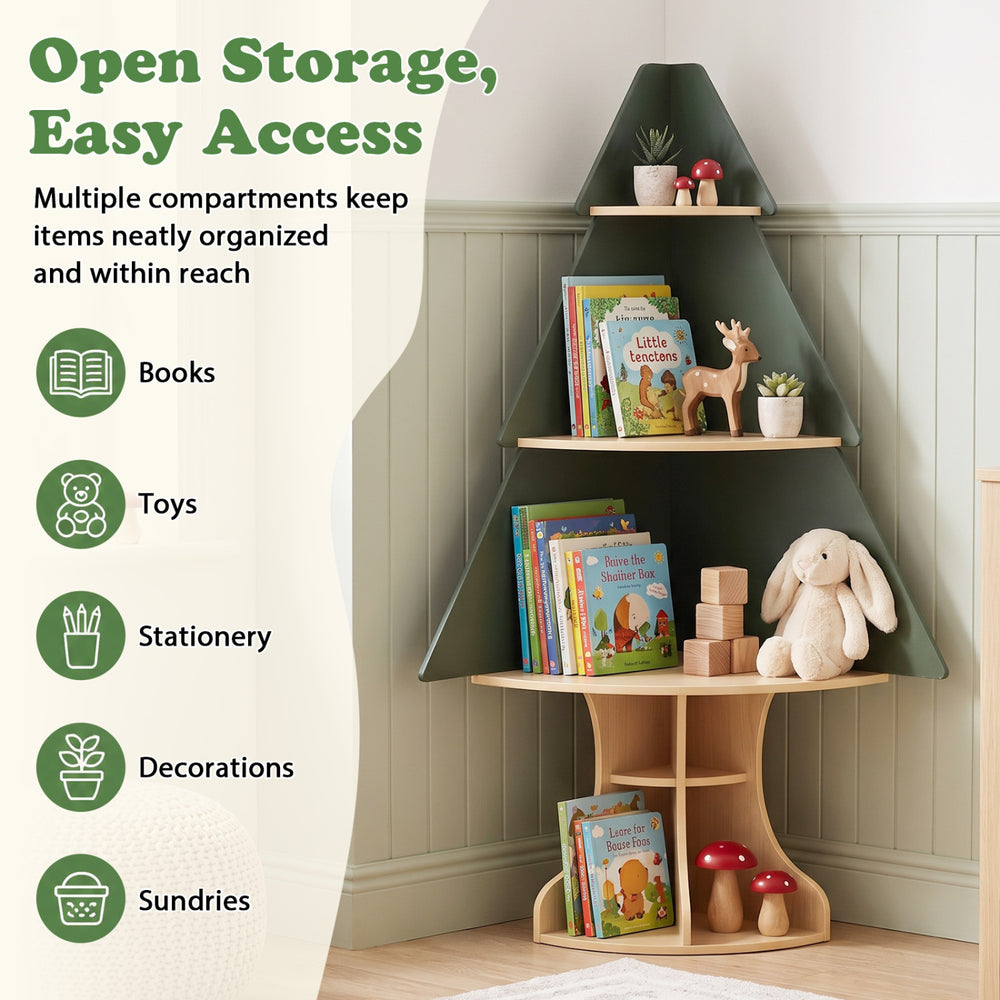 Wooden Montessori corner tree bookshelf in green features multiple compartments for organizing books and toys at kid-friendly height.
