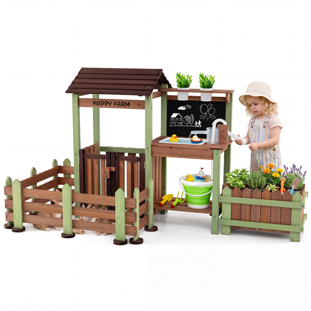Kids engaging with the Fir Wood Mud Farm Playset's elevated planter box and gardening tools for hands-on learning fun.