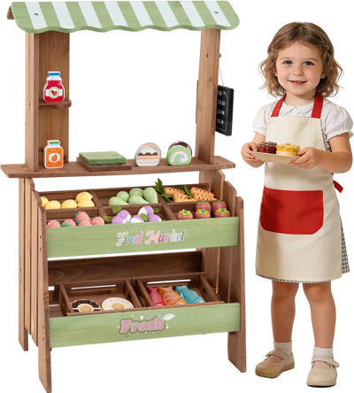 Costway Wooden Kids Grocery Store Playset Chalkboard Accessories Montessori 66469862 New