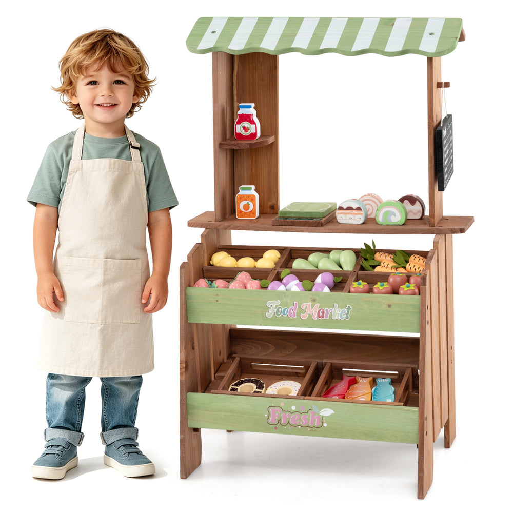 Wooden grocery store playset with chalkboard and accessories, featuring 6 compartments for organized pretend play.