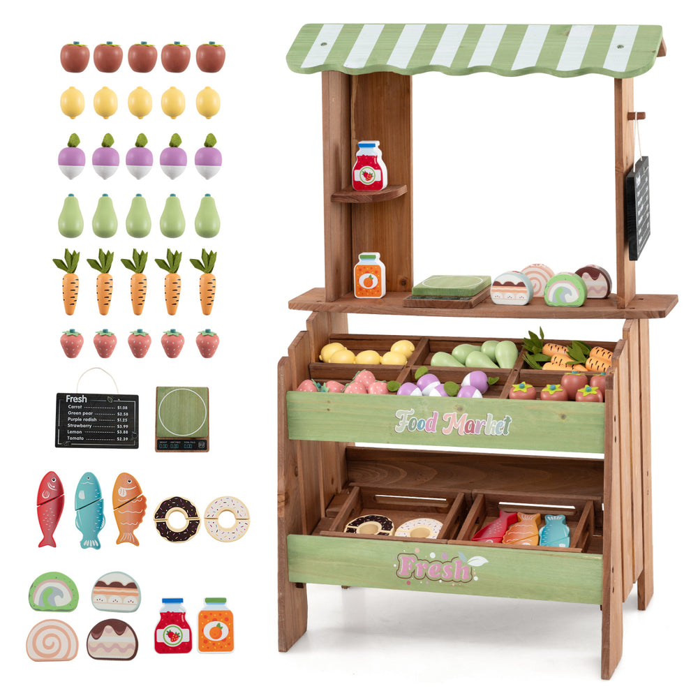 Wooden grocery store with chalkboard and 43 accessories for pretend play, promoting social skills and early math.