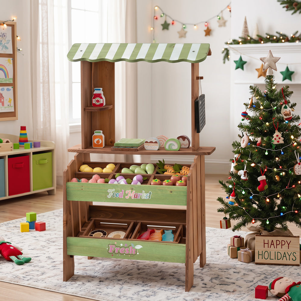 Wooden grocery store with chalkboard and accessories, featuring 6 compartments and realistic play food for kids 3+.