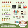 Wooden grocery store accessories including fruits, vegetables, and sliceable pieces for interactive pretend play.