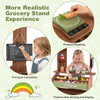 Wooden grocery store toy with chalkboard, accessories, and pretend weighing for interactive role-play and math learning.
