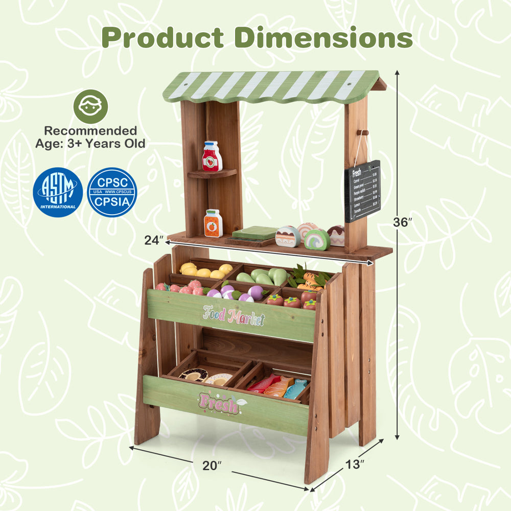Wooden grocery store toy with chalkboard, accessories, and six compartments for interactive pretend play for kids 3+.