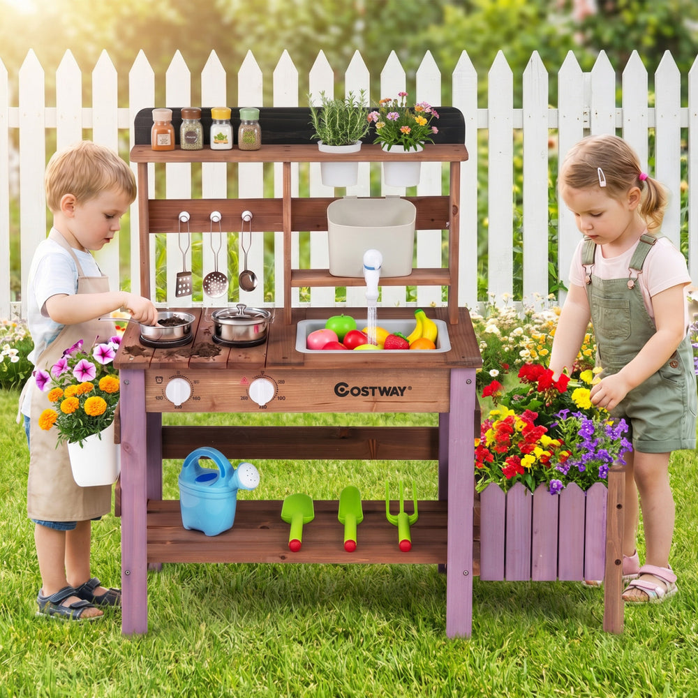 Wooden mud kitchen set with running water faucet, featuring gardening tools and ample storage for imaginative play.