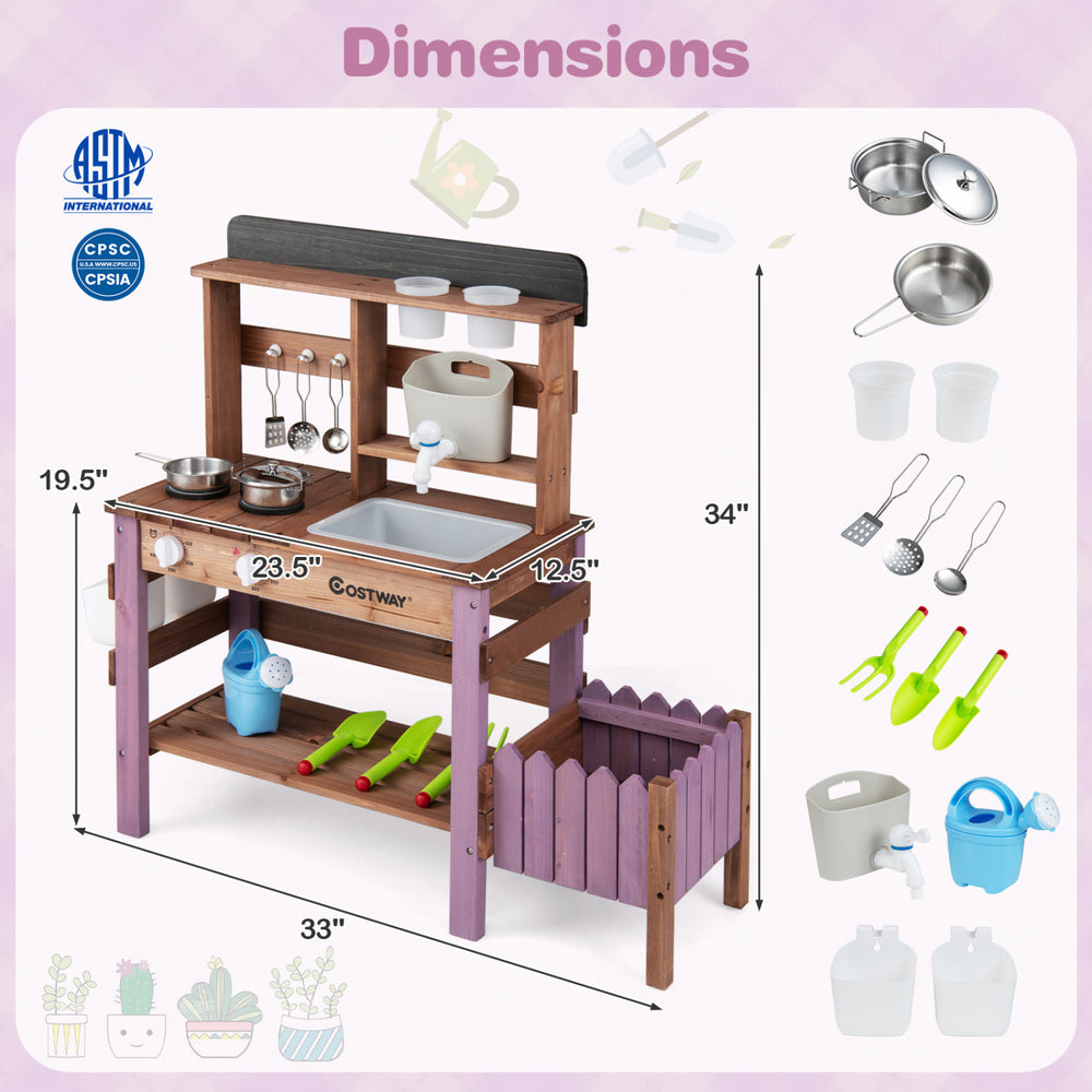 Wooden Mud Kitchen Set with running water faucet, purple accents, includes pots and tools for immersive play and.