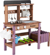 Wooden mud kitchen set in purple with running water faucet, pots, and gardening tools for immersive play.