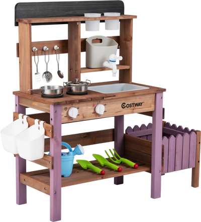 Costway Wooden Mud Kitchen Playset Running Water Faucet Tank 11882689 New