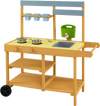 Wooden outdoor mud kitchen for kids in yellow with stoves, sink, flowerpots, and wheels for mobile play.