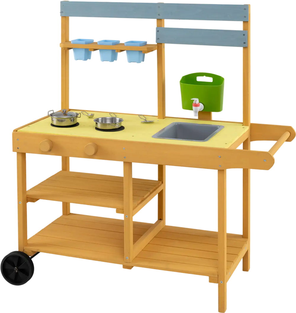 Wooden outdoor mud kitchen for kids in yellow with stoves, sink, flowerpots, and wheels for mobile play.