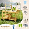 Wooden outdoor mud kitchen for kids in yellow with sink, flowerpots, and wheels for engaging play and storage.