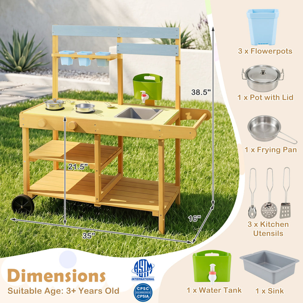 Wooden outdoor mud kitchen for kids in yellow with sink, flowerpots, and wheels for engaging play and storage.