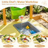 Wooden outdoor mud kitchen for kids featuring a water tank, sink, and detachable flowerpots for creative play.