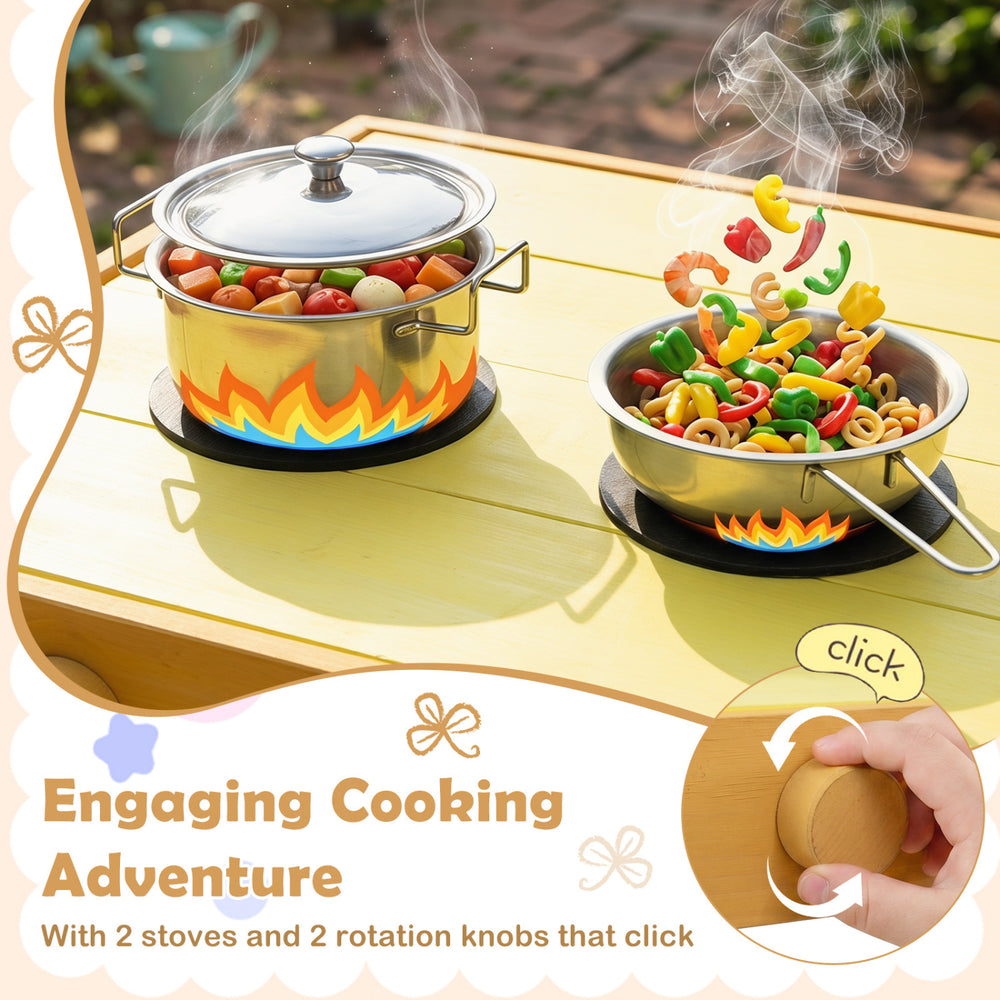 Wooden outdoor mud kitchen for kids with 2 stoves, flowerpots, and wheels, perfect for engaging cooking adventures.