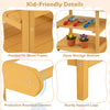 Wooden outdoor mud kitchen for kids in yellow with open storage shelves, flowerpots, and protective rounded corners.