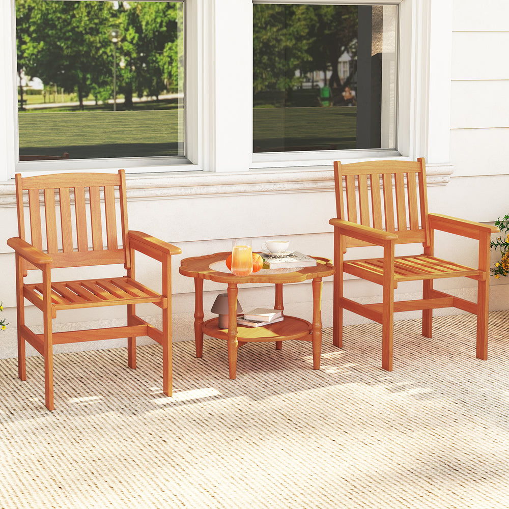 Wooden patio chairs set of 2 with inclined backrests, featuring a slatted seat for comfort, perfect for outdoor.
