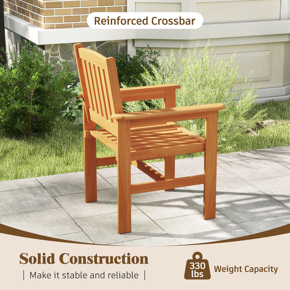 Wooden patio chair with inclined backrest, solid wood construction, and reinforced crossbar for stable outdoor seating.