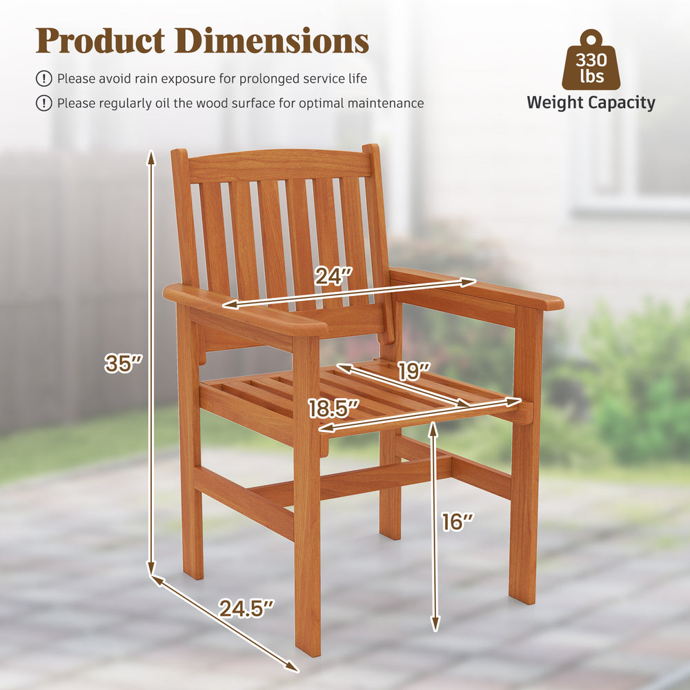 Wooden patio chair dimensions with inclined backrest, solid wood construction, and ergonomic design for outdoor comfort.