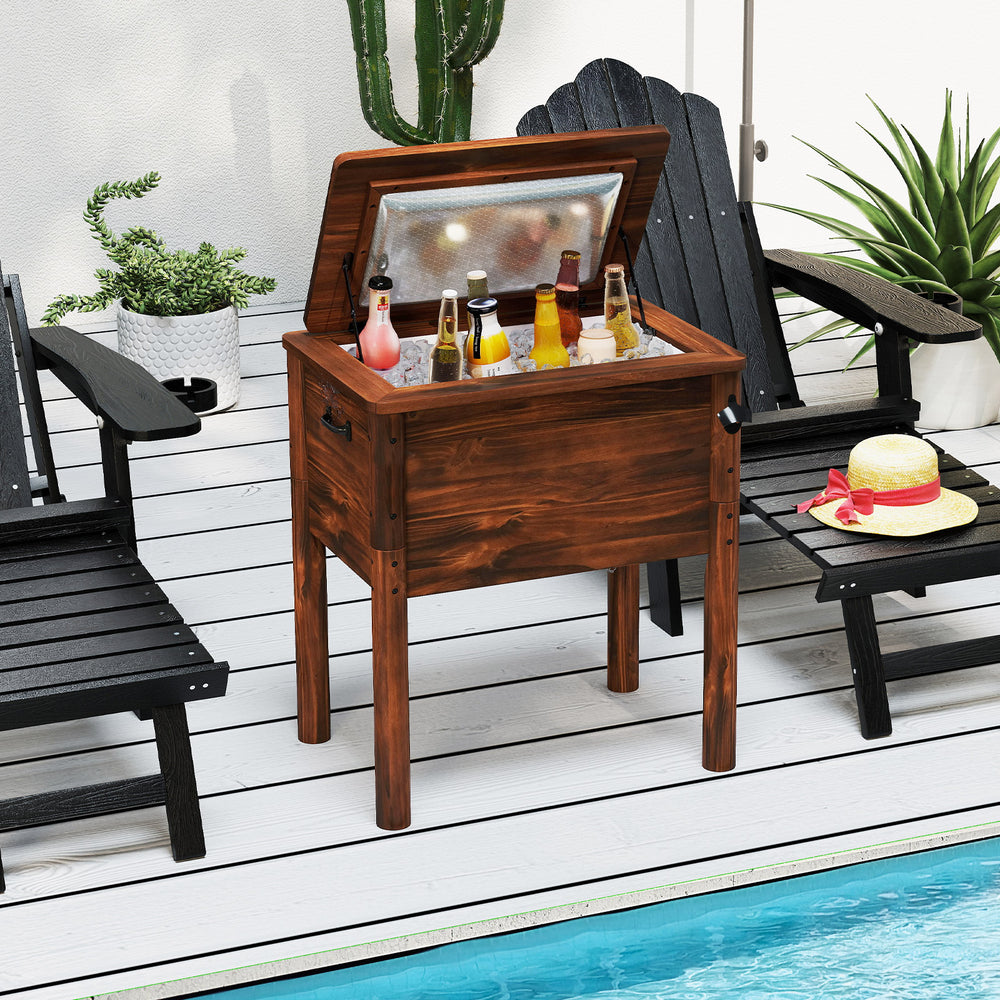 Wooden patio cooler with 3 handles and bottle opener, featuring a solid pine wood frame and 54 qt capacity for outdoor.