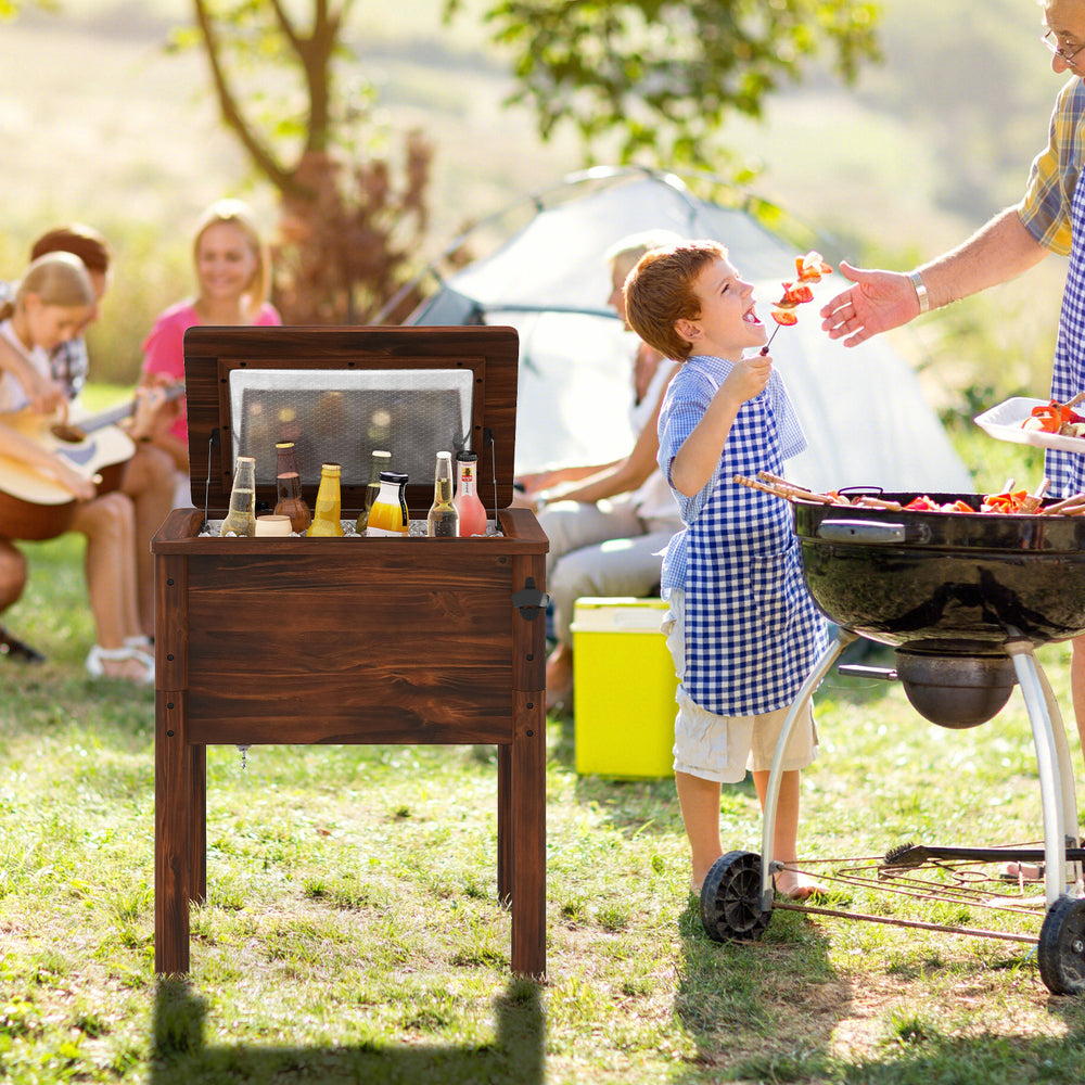 Wooden patio cooler with 3 handles and bottle opener, featuring a solid pine frame and 54 qt capacity for outdoor.